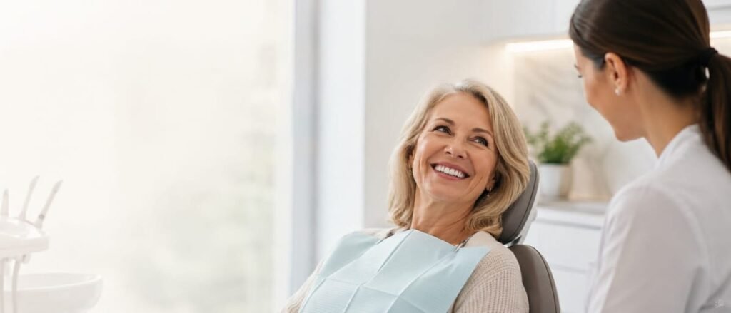 Paciente adulta sonriendo con su odontóloga en la consulta de implantes